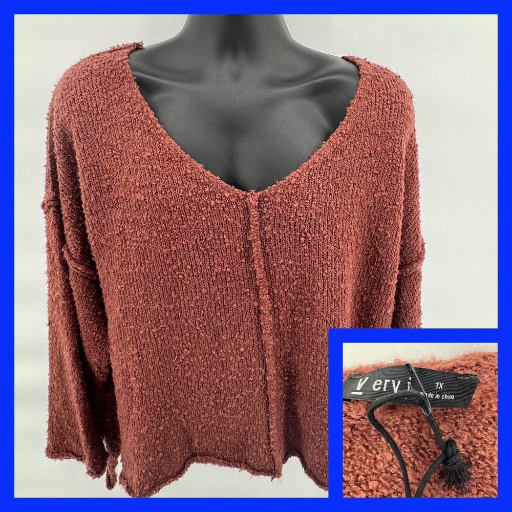 Very J Sweater Women 1X Red Bean Popcorn Knit V-Neck Relaxed 12W1889VX